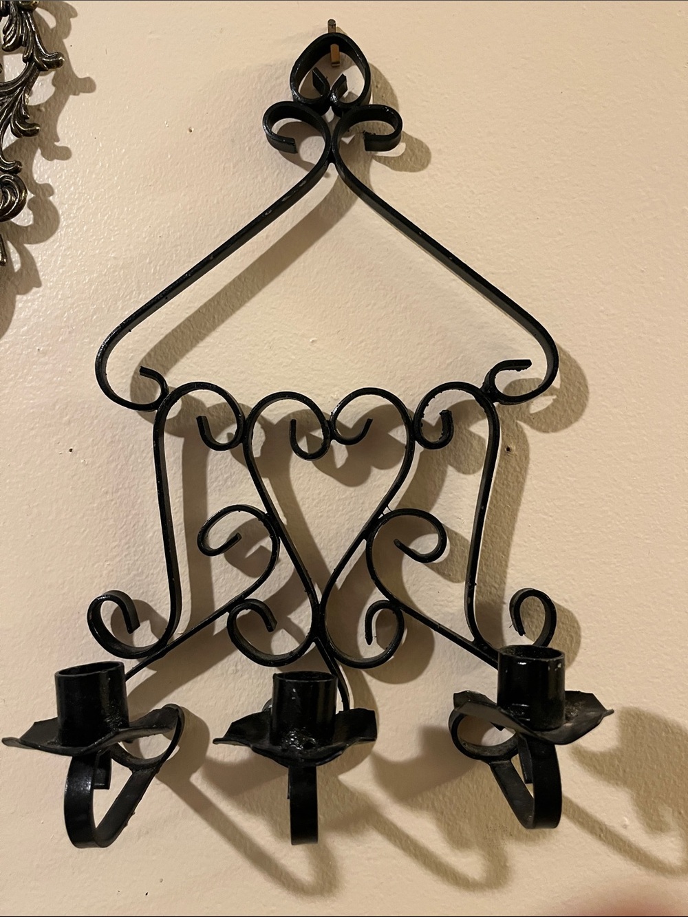 MCM CANDLE HOLDER Wrought Iron Heavy Thick Holds 3 Tapers Hangs VTG 13.5” x 8”
